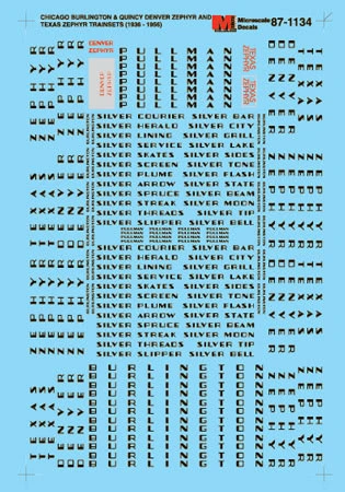Microscale Decals 87-1134 HO Scale Burlington CB&Q Denver/Texas Zephyr Passenger Cars 1 Microscale Decals 87-1134 HO Scale Burlington CB&Q Denver/Texas Zephyr Passenger Cars