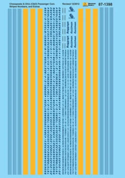 Microscale Decals 87-1398 HO Scale Chesapeake & Ohio C&O Passenger Car Stripes