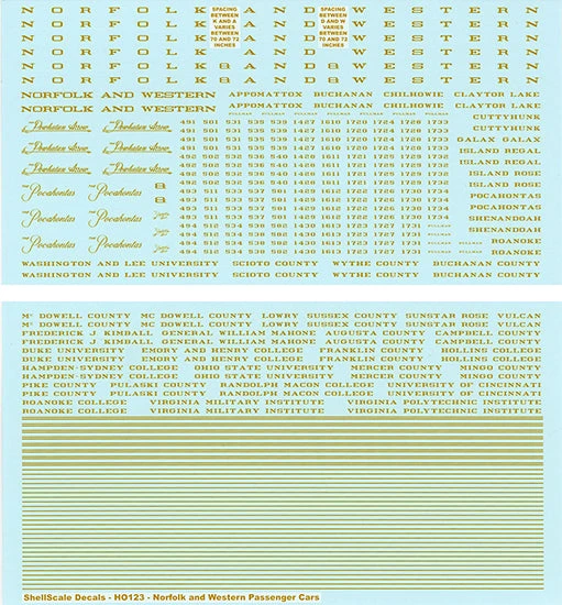 ShellScale Decals HO123 HO Scale Norfolk And Western Passenger Cars - NOS 1 ShellScale Decals HO123 HO Scale Norfolk And Western Passenger Cars - NOS